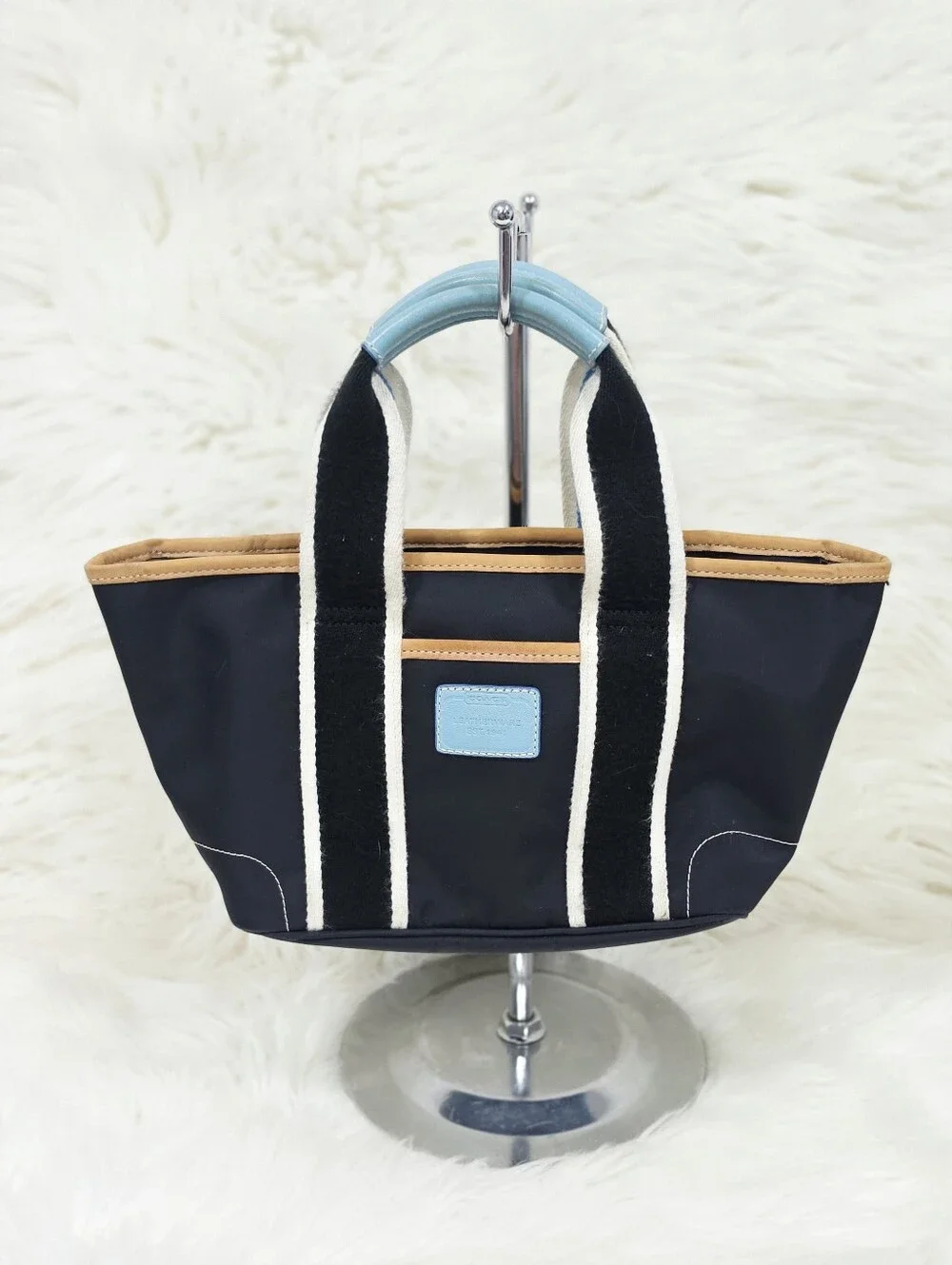 Coach Mini Tote Bag Black Nylon Leather Trim Striped Handles Purse